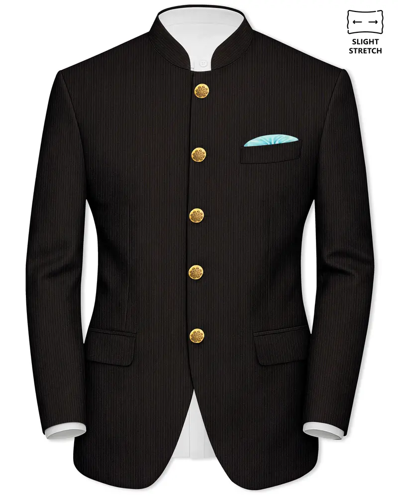 Imperio-Umber Brown Pencil Striped Wool Rich Bandhgala Slight Stretch Blazer 1