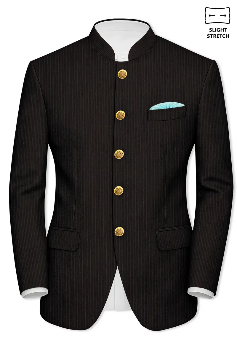 Imperio-Umber Brown Pencil Striped Wool Rich Bandhgala Slight Stretch Blazer 2