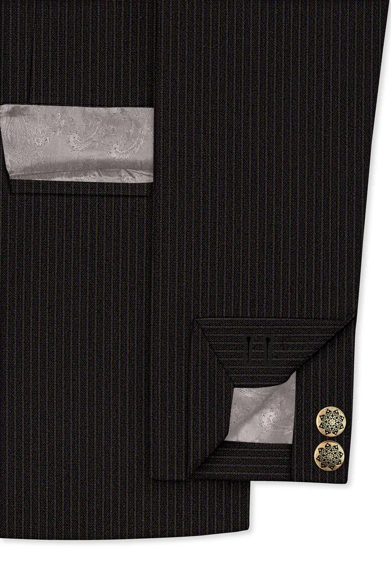 Imperio-Umber Brown Pencil Striped Wool Rich Bandhgala Slight Stretch Blazer 5