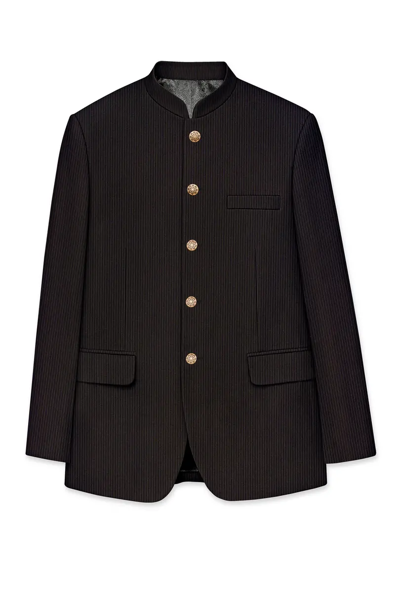 Imperio-Umber Brown Pencil Striped Wool Rich Bandhgala Slight Stretch Blazer 6