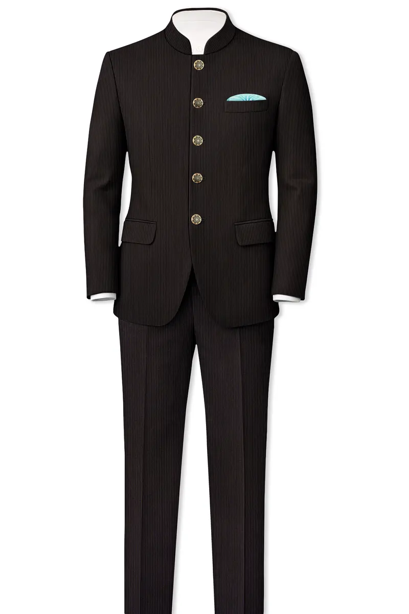 Imperio-Umber Brown Pencil Striped Wool Rich Bandhgala Slight Stretch Blazer 8