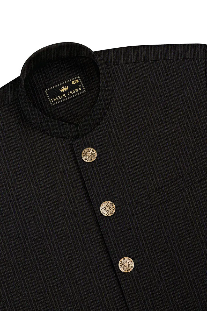 Imperio-Umber Brown Pencil Striped Wool Rich Bandhgala Slight Stretch Suit 17