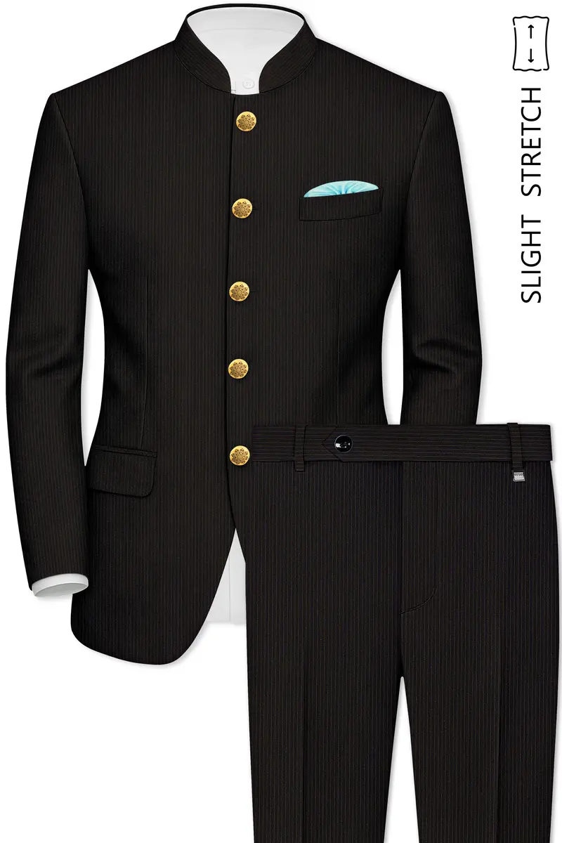 Imperio-Umber Brown Pencil Striped Wool Rich Bandhgala Slight Stretch Suit 2