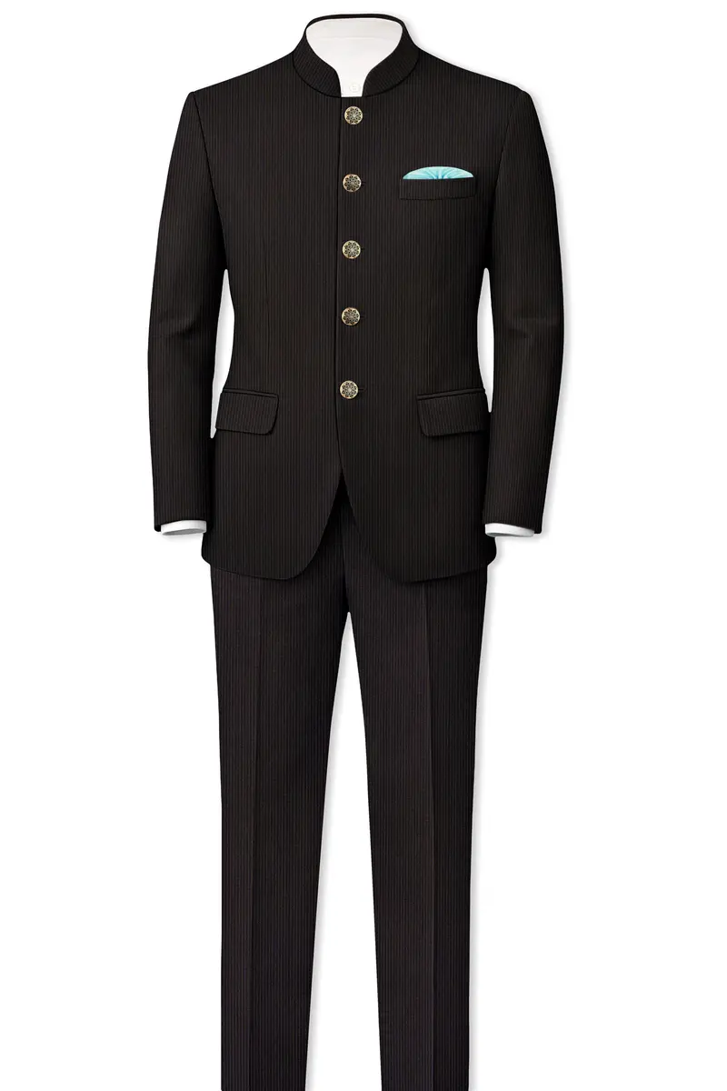 Imperio-Umber Brown Pencil Striped Wool Rich Bandhgala Slight Stretch Suit 4