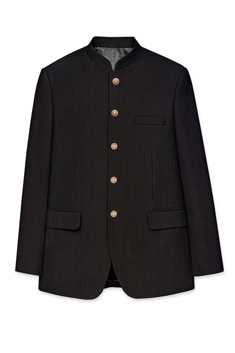 Imperio-Umber Brown Pencil Striped Wool Rich Bandhgala Slight Stretch Suit 7