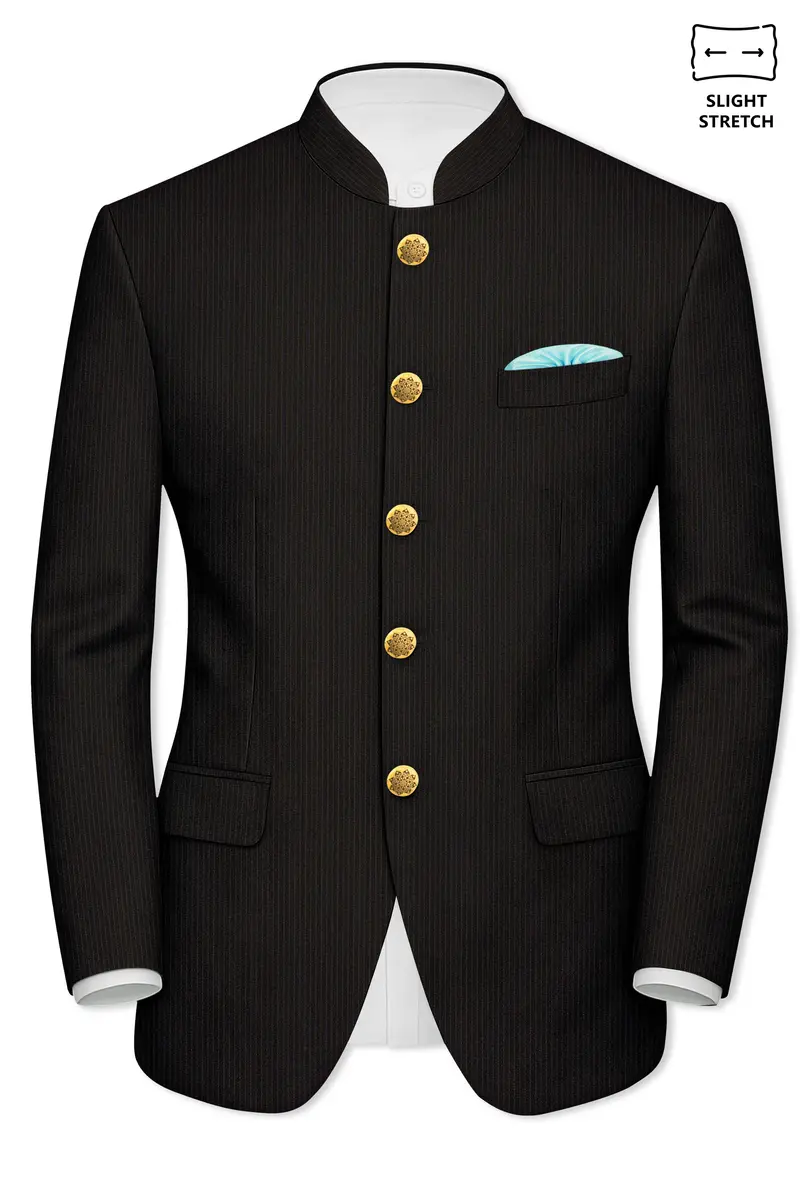 Imperio-Umber Brown Pencil Striped Wool Rich Bandhgala Slight Stretch Suit 9
