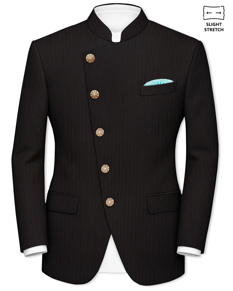 Imperio-Umber Brown Pencil Striped Wool Rich Slight Stretch Cross Placket Bandhgala Blazer 1