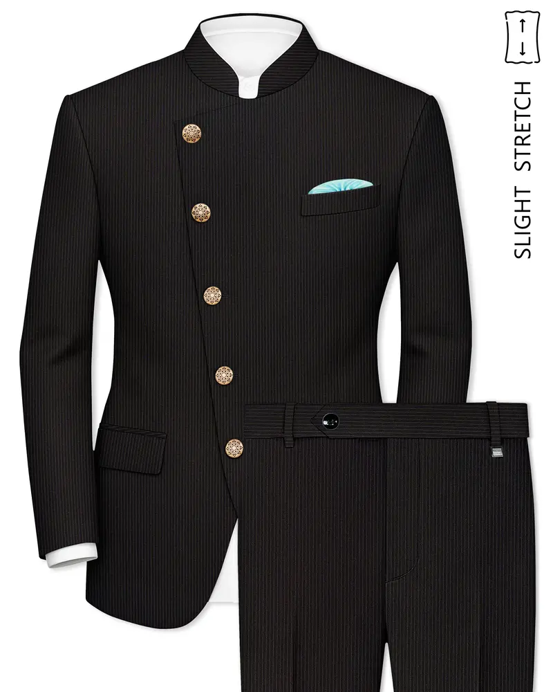 Imperio-Umber Brown Pencil Striped Wool Rich Slight Stretch Cross Placket Bandhgala Suit 1