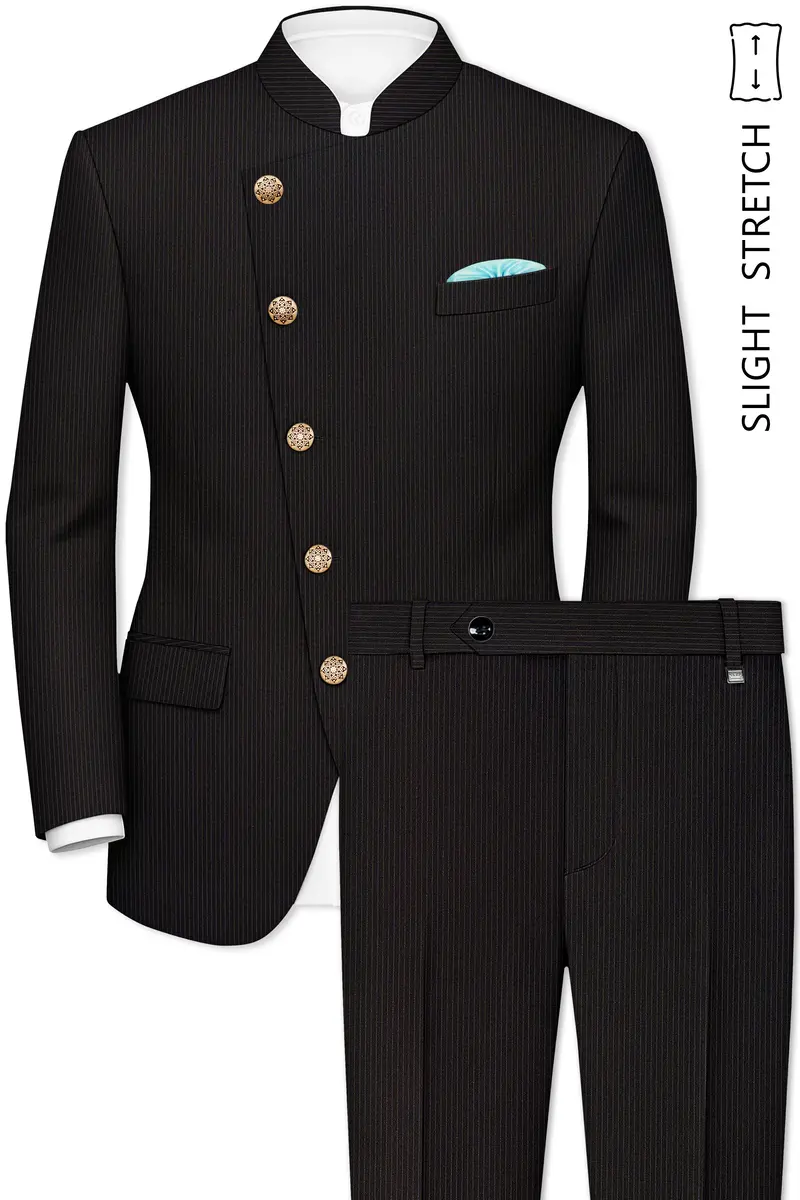Imperio-Umber Brown Pencil Striped Wool Rich Slight Stretch Cross Placket Bandhgala Suit 2