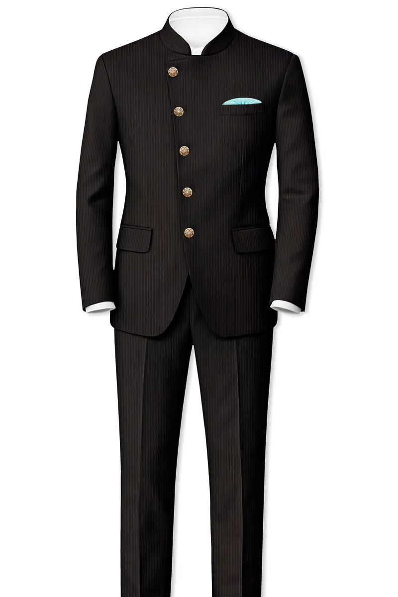 Imperio-Umber Brown Pencil Striped Wool Rich Slight Stretch Cross Placket Bandhgala Suit 4