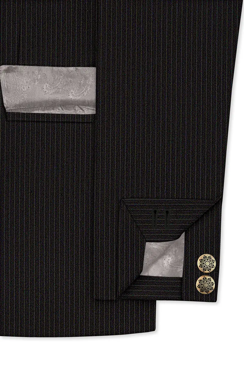 Imperio-Umber Brown Pencil Striped Wool Rich Slight Stretch Cross Placket Bandhgala Suit 6