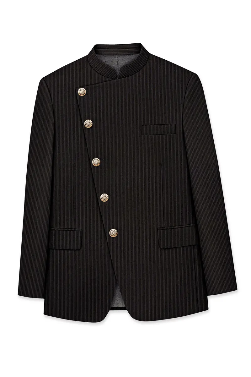 Imperio-Umber Brown Pencil Striped Wool Rich Slight Stretch Cross Placket Bandhgala Suit 7