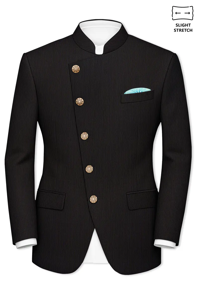 Imperio-Umber Brown Pencil Striped Wool Rich Slight Stretch Cross Placket Bandhgala Suit 9