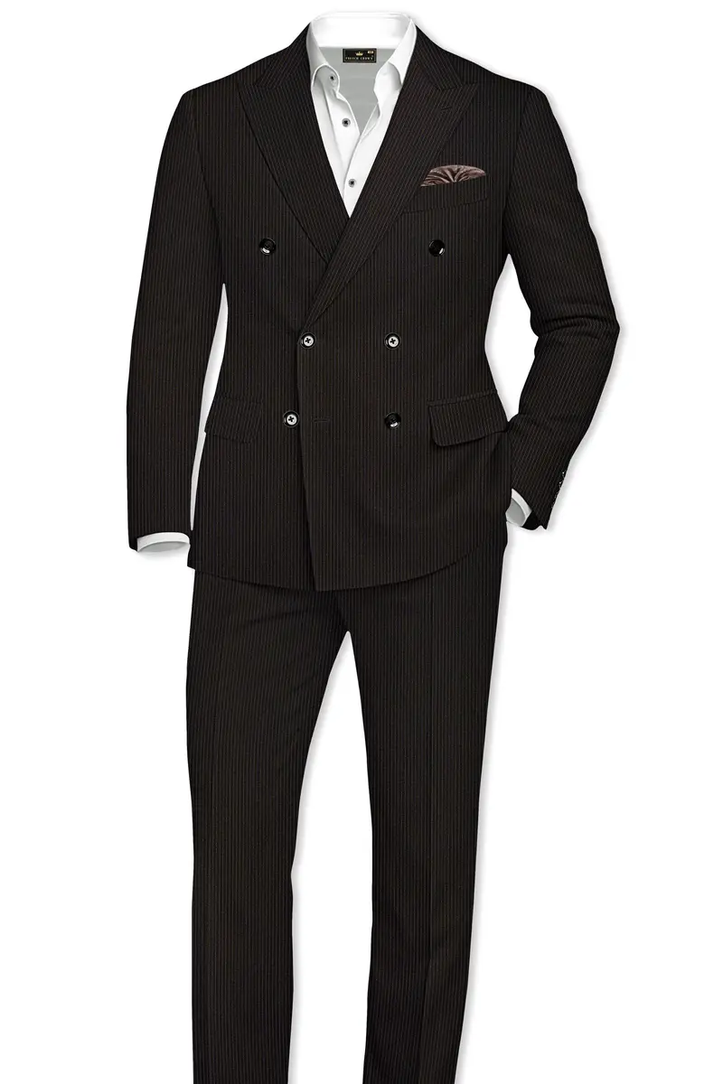 Imperio-Umber Brown Pencil Striped Wool Rich Slight Stretch Double Breasted Suit 4