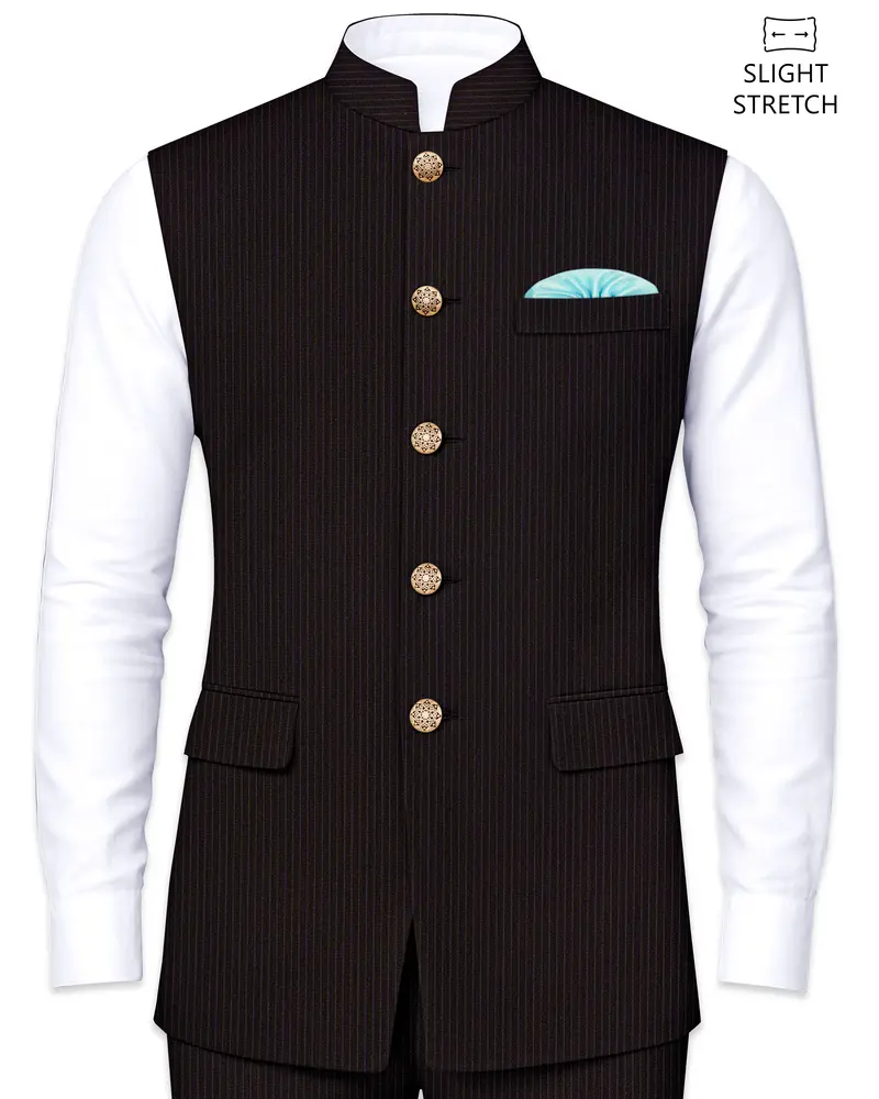 Imperio-Umber Brown Pencil Striped Wool Rich Slight Stretch Nehru Jacket 1