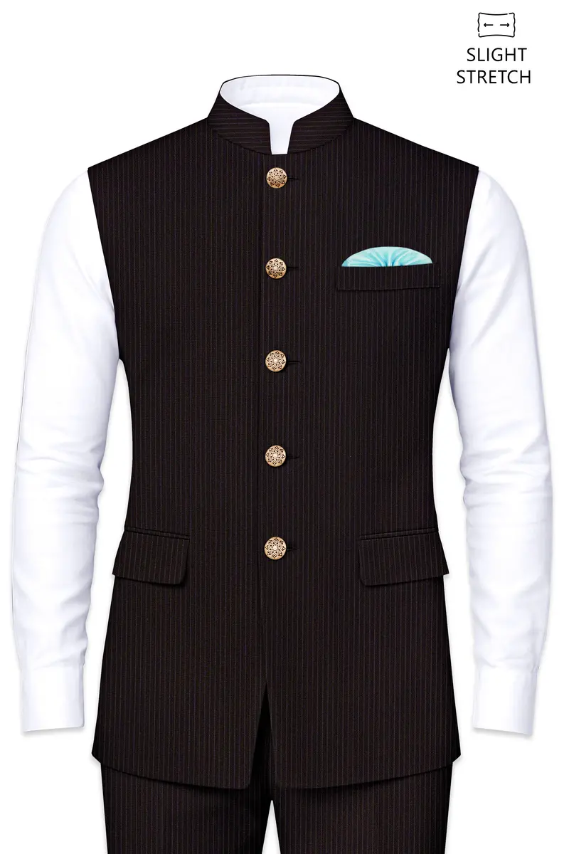 Imperio-Umber Brown Pencil Striped Wool Rich Slight Stretch Nehru Jacket 2