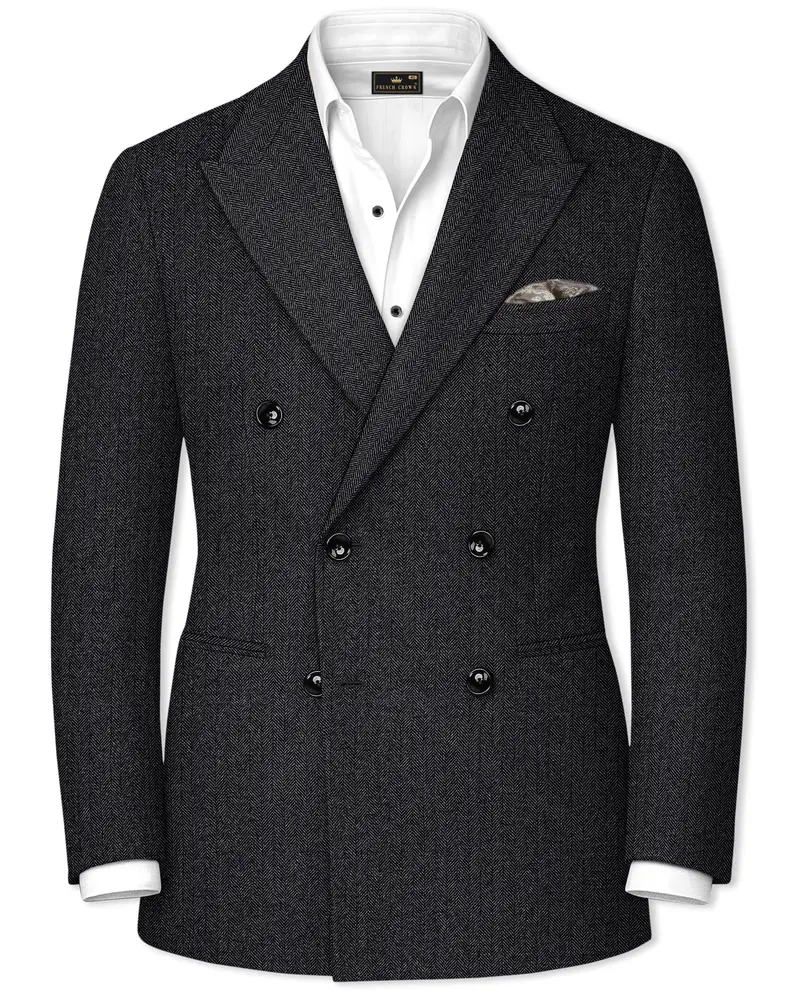 Imperion-Charcoal Gray Herringbone Textured Tweed Double Breasted Blazer 1