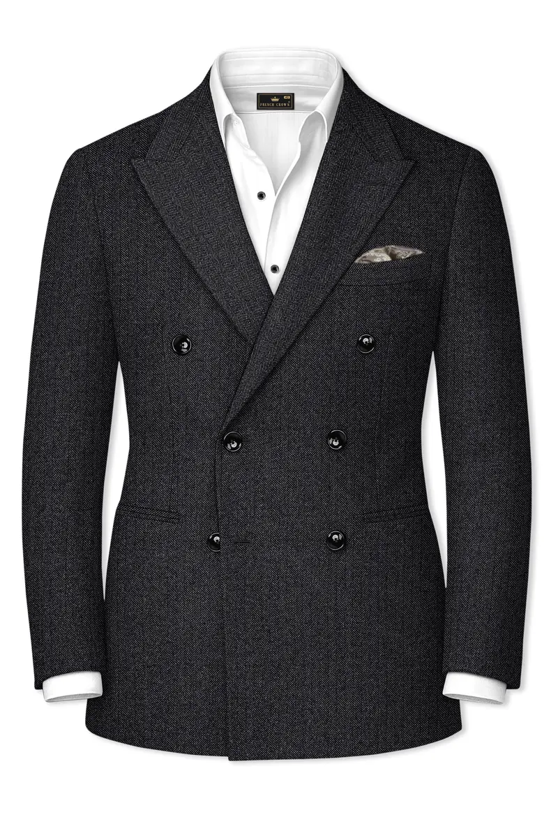 Imperion-Charcoal Gray Herringbone Textured Tweed Double Breasted Blazer 2
