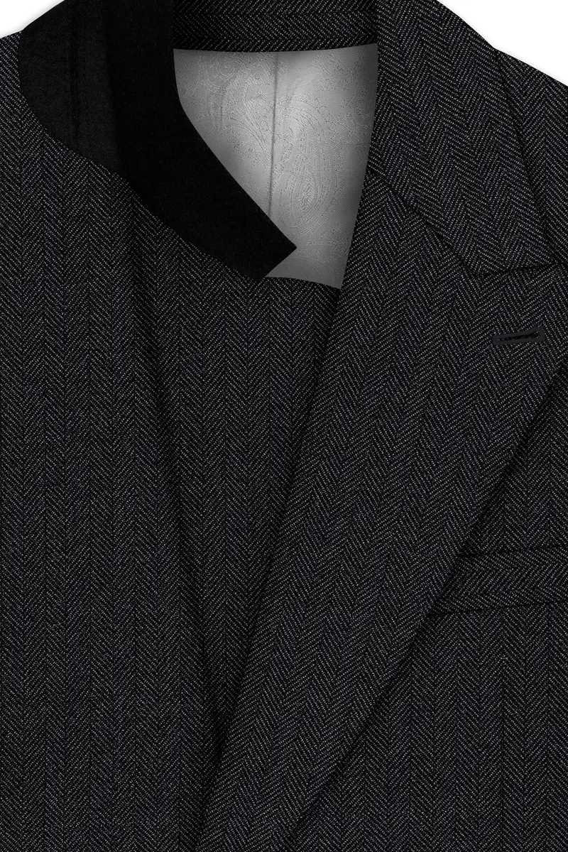 Imperion-Charcoal Gray Herringbone Textured Tweed Double Breasted Blazer 4