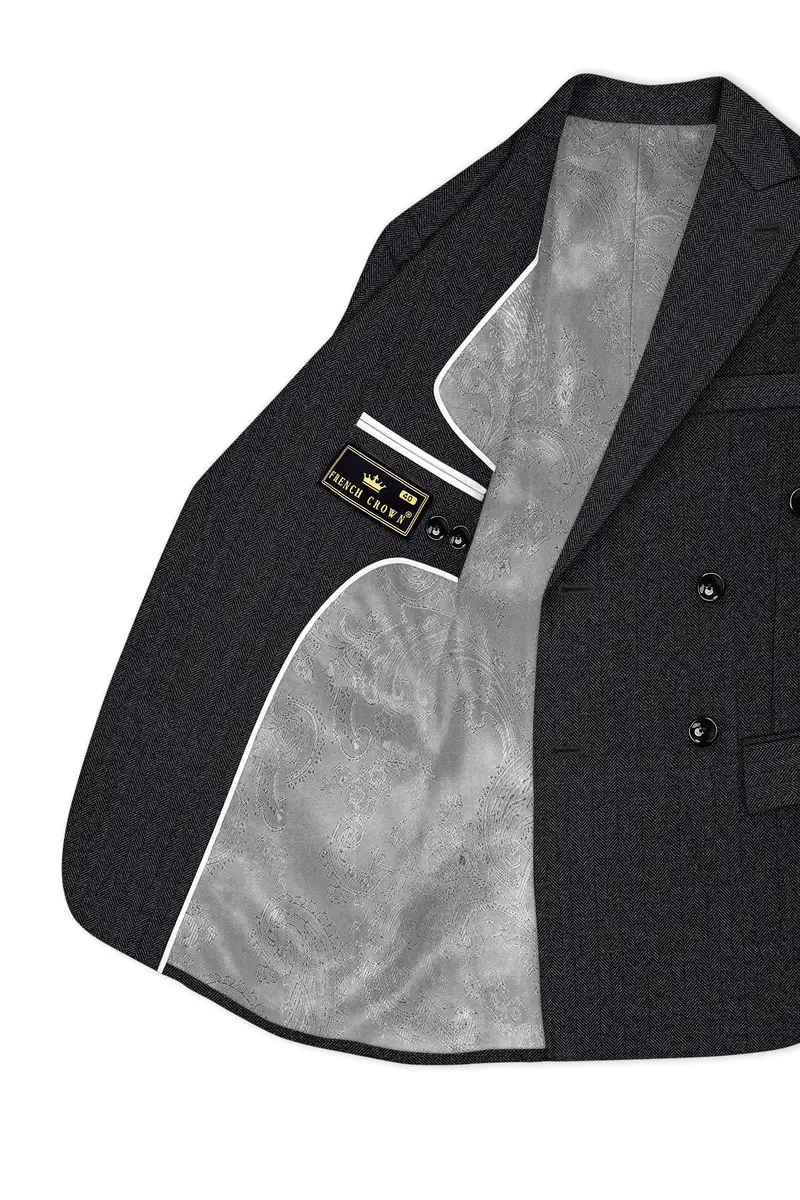 Imperion-Charcoal Gray Herringbone Textured Tweed Double Breasted Blazer 5
