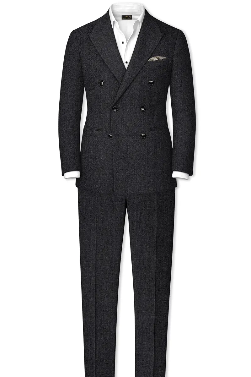 Imperion-Charcoal Gray Herringbone Textured Tweed Double Breasted Blazer 9