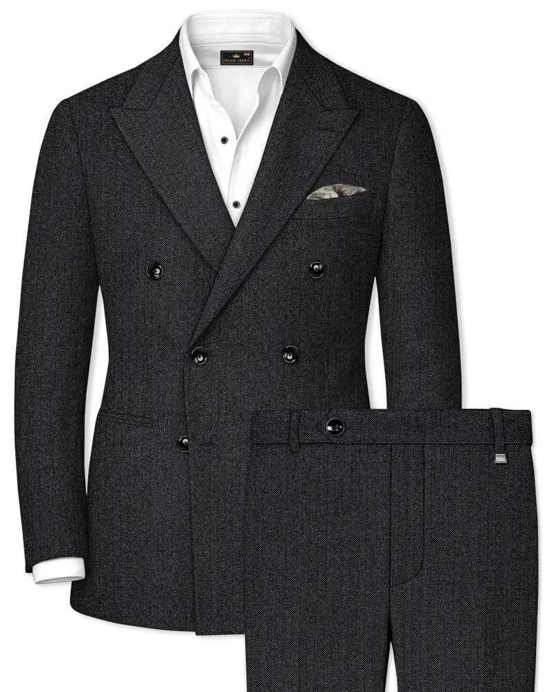 Imperion-Charcoal Gray Herringbone Textured Tweed Double Breasted Suit 1