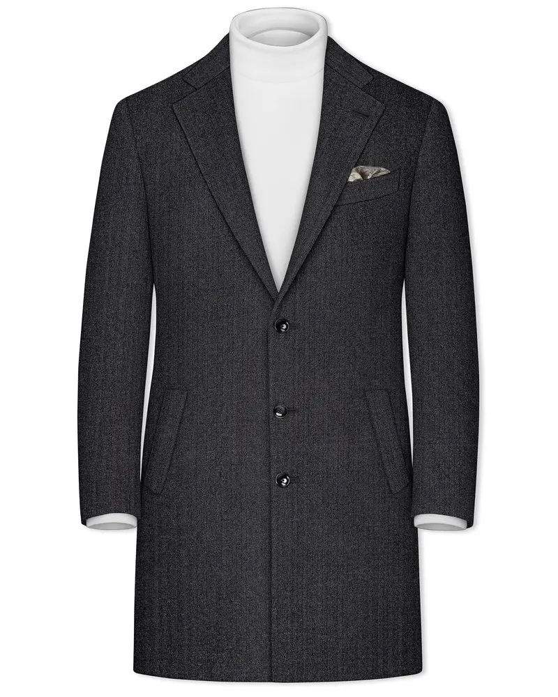 Imperion-Charcoal Gray Herringbone Textured Tweed Single Breasted Overcoat 1