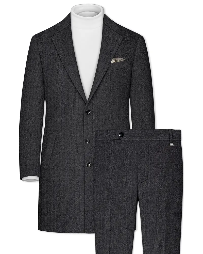 Imperion-Charcoal Gray Herringbone Textured Tweed Single Breasted Overcoat With Pant 1