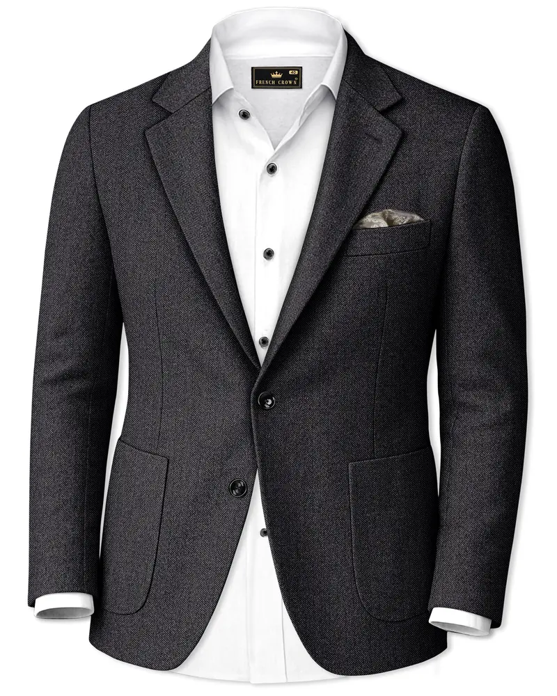 Imperion-Charcoal Gray Herringbone Textured Tweed Single Breasted Sports Blazer 1
