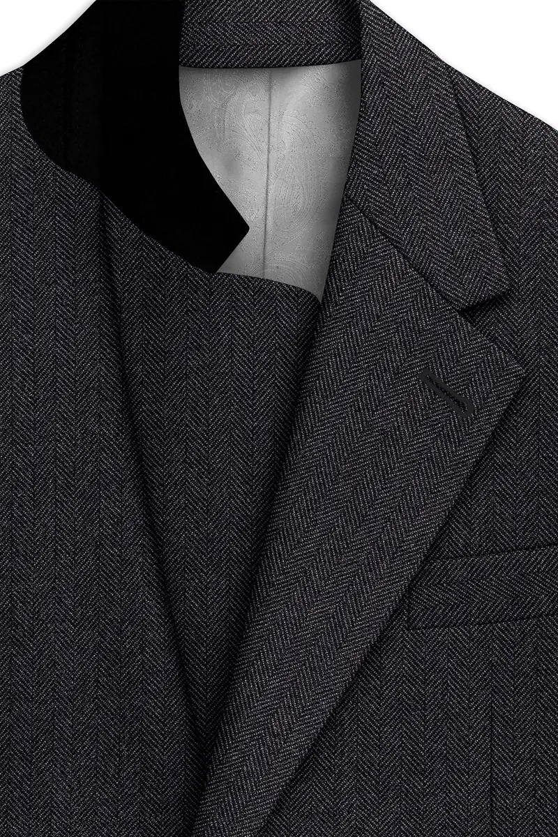 Imperion-Charcoal Gray Herringbone Textured Tweed Single Breasted Sports Blazer 4