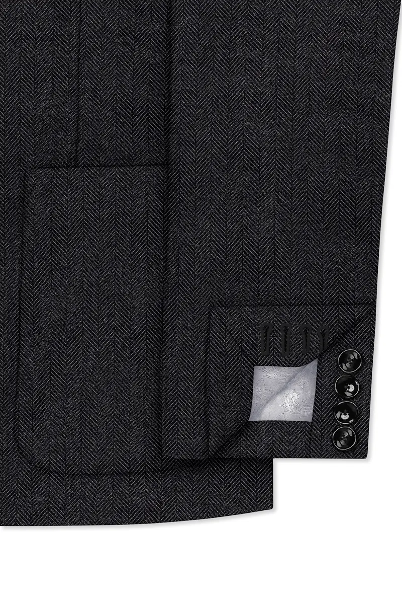 Imperion-Charcoal Gray Herringbone Textured Tweed Single Breasted Sports Blazer 6