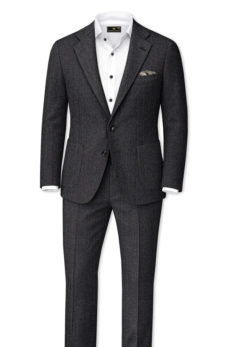 Imperion-Charcoal Gray Herringbone Textured Tweed Single Breasted Sports Blazer 9