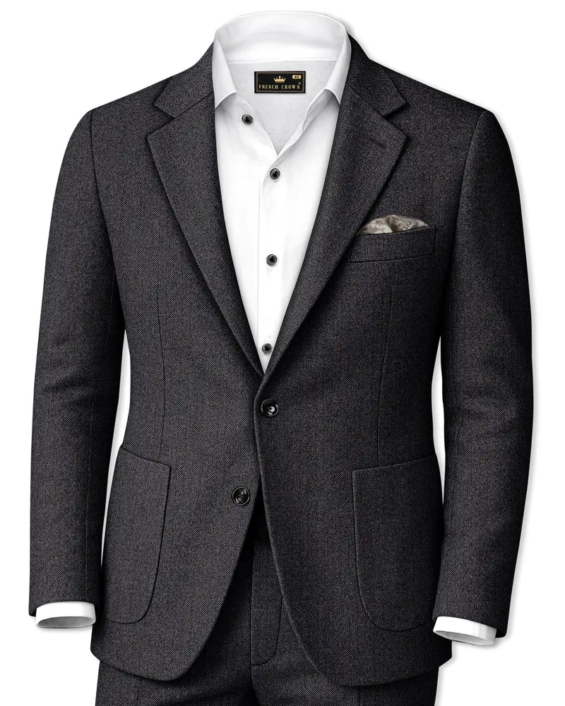 Imperion-Charcoal Gray Herringbone Textured Tweed Single Breasted Sports Suit 1