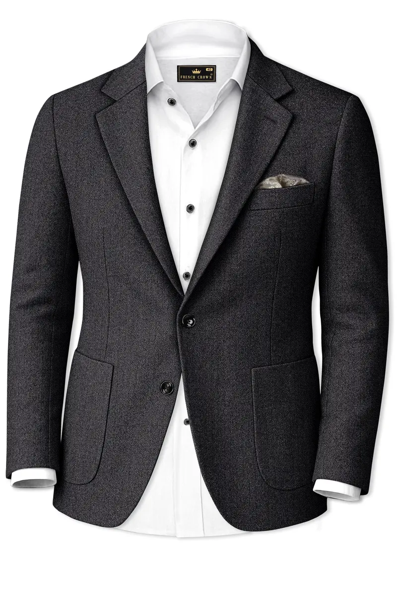 Imperion-Charcoal Gray Herringbone Textured Tweed Single Breasted Sports Suit 10