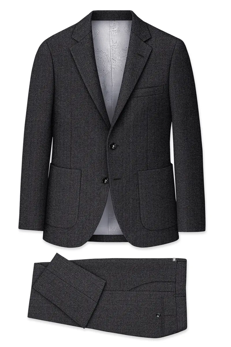Imperion-Charcoal Gray Herringbone Textured Tweed Single Breasted Sports Suit 11