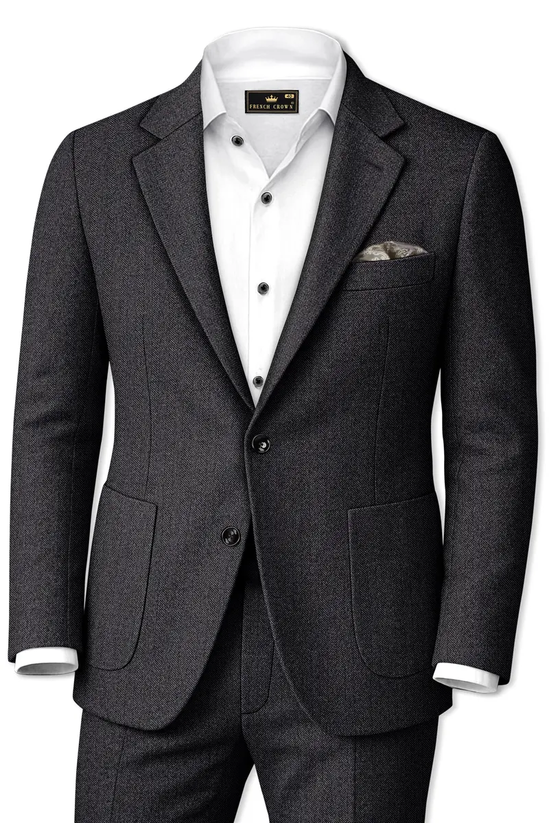 Imperion-Charcoal Gray Herringbone Textured Tweed Single Breasted Sports Suit 2