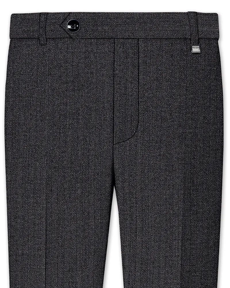 Imperion-Charcoal Gray Herringbone Textured Tweed Stretchable Waistband Pant 1
