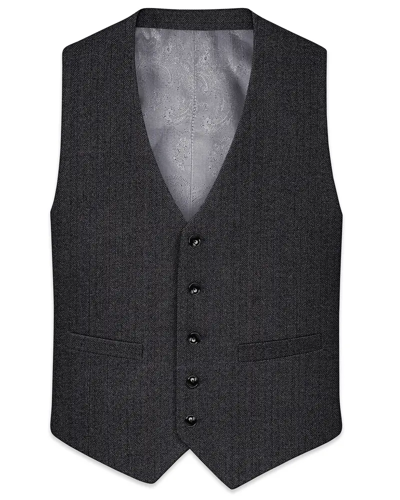 Imperion-Charcoal Gray Herringbone Textured Tweed Waistcoat 1