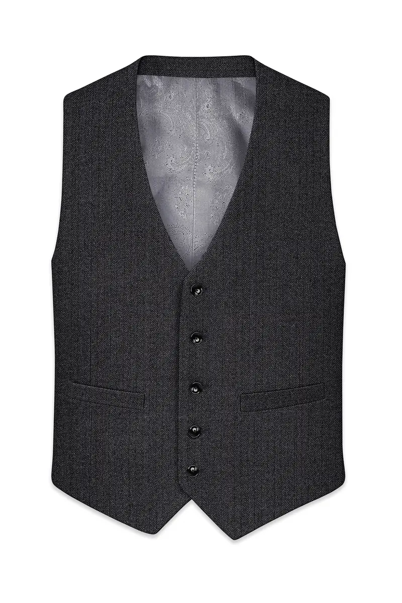 Imperion-Charcoal Gray Herringbone Textured Tweed Waistcoat 2