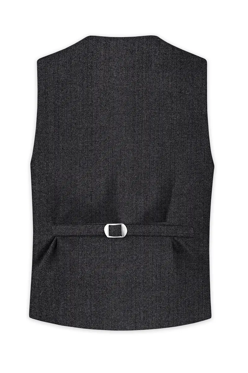 Imperion-Charcoal Gray Herringbone Textured Tweed Waistcoat 4