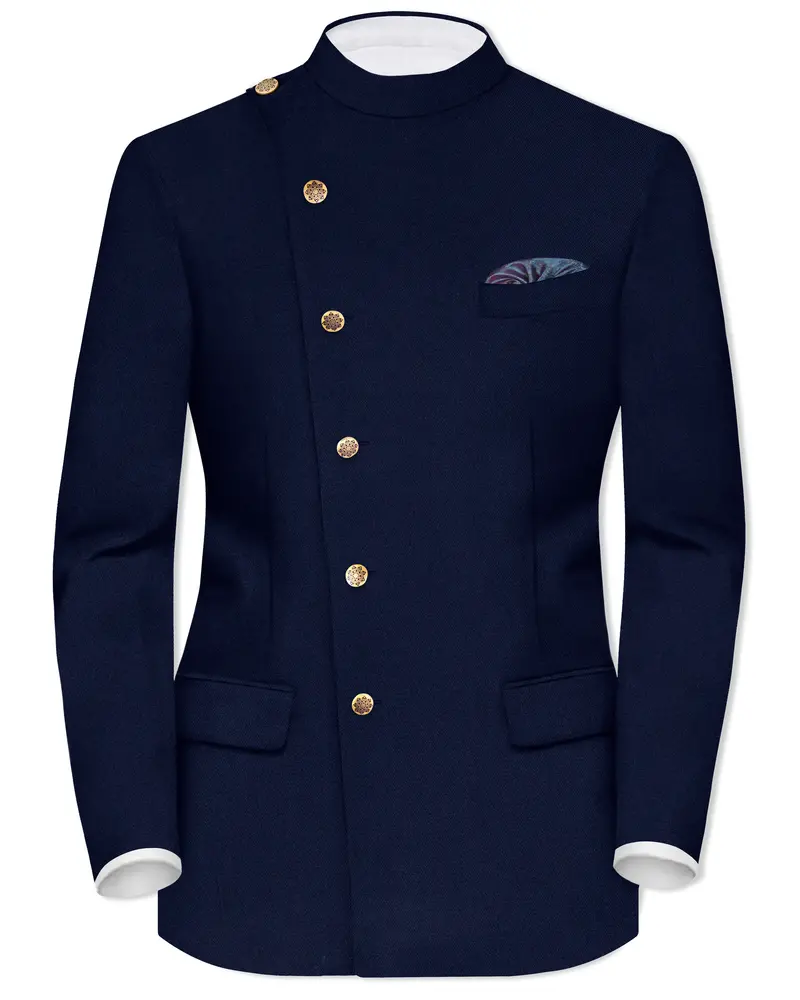 Indavor-Cinder Blue Wool Rich Cross Placket Bandhgala Blazer 1