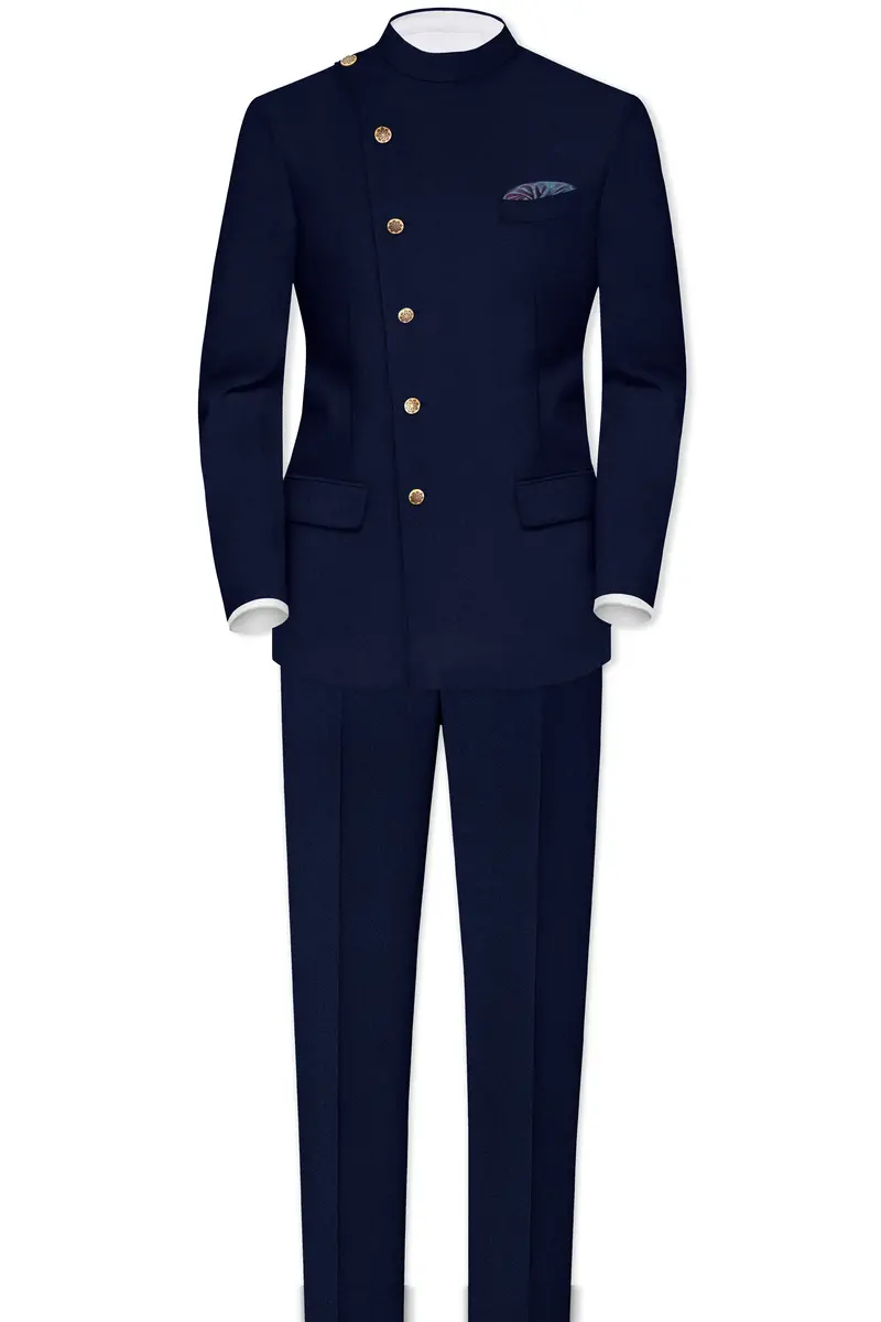 Indavor-Cinder Blue Wool Rich Cross Placket Bandhgala Blazer 6