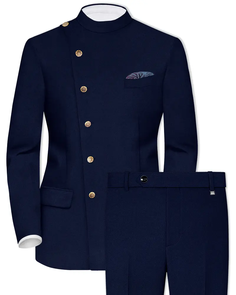 Indavor-Cinder Blue Wool Rich Cross Placket Bandhgala Suit 1