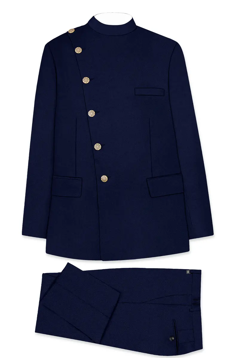Indavor-Cinder Blue Wool Rich Cross Placket Bandhgala Suit 10