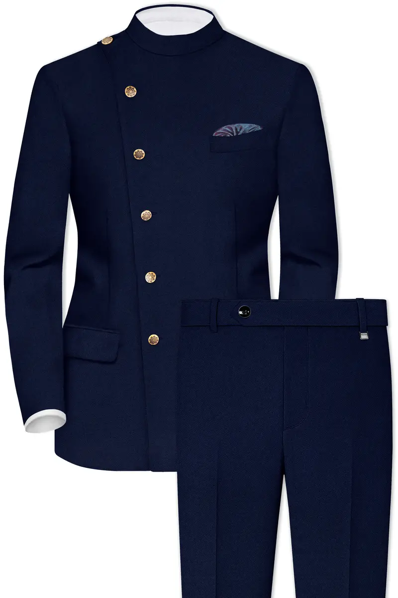 Indavor-Cinder Blue Wool Rich Cross Placket Bandhgala Suit 2