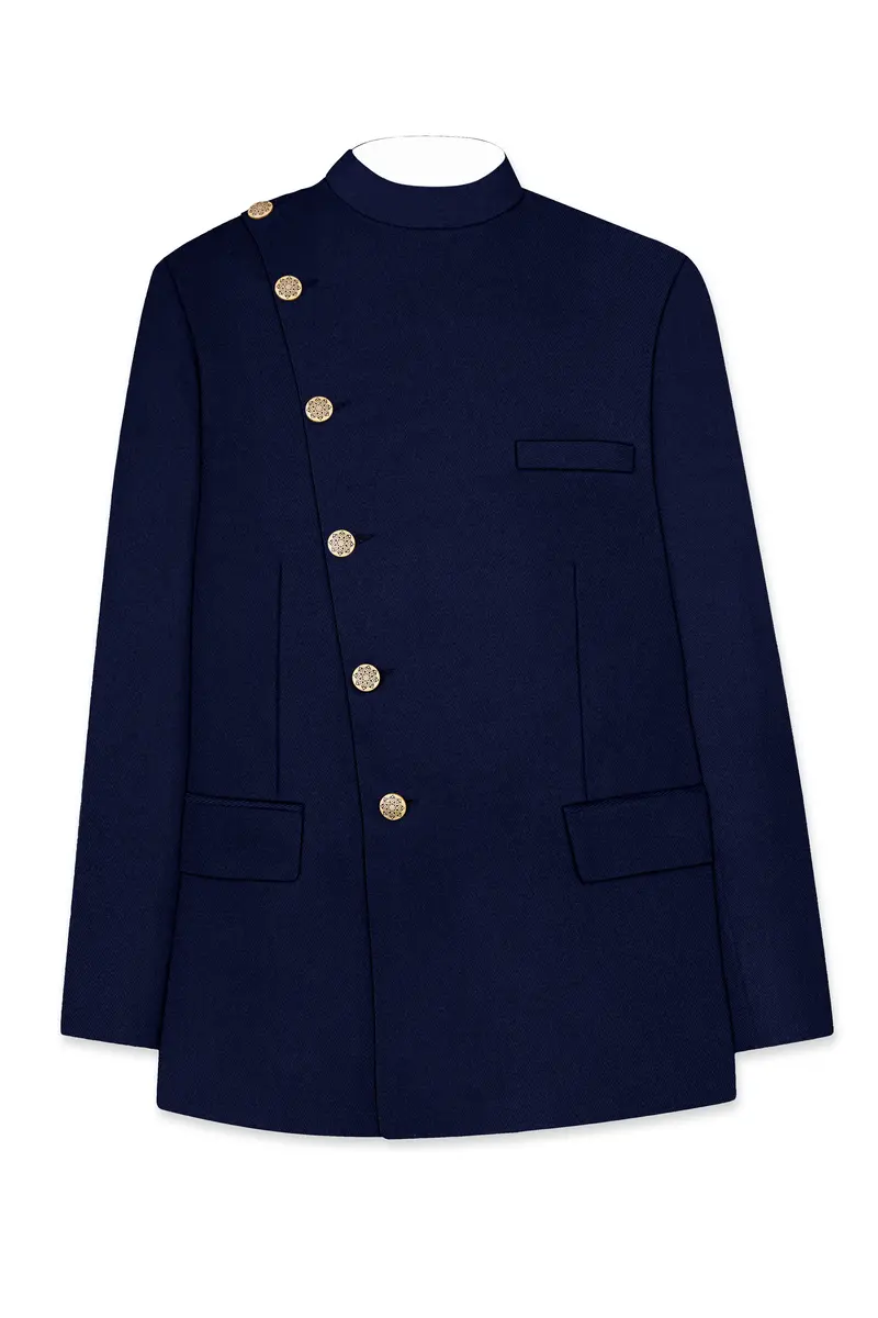 Indavor-Cinder Blue Wool Rich Cross Placket Bandhgala Suit 7