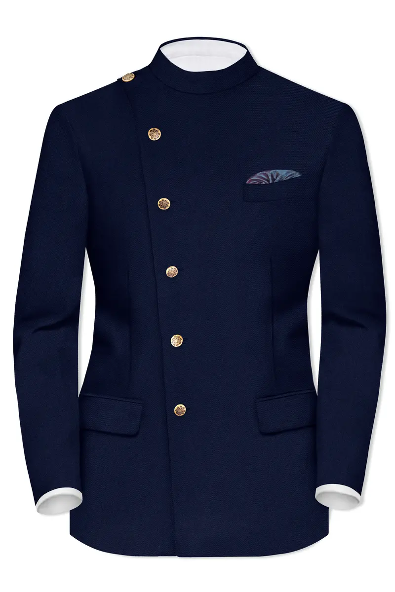 Indavor-Cinder Blue Wool Rich Cross Placket Bandhgala Suit 9