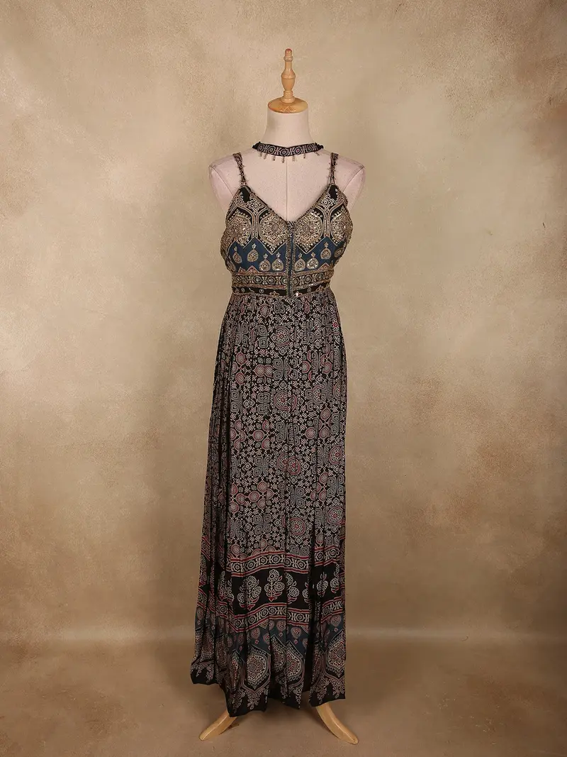 Indigo Black Ajrakh Printed Design Crepe Palazzo Suit With Dupatta 1