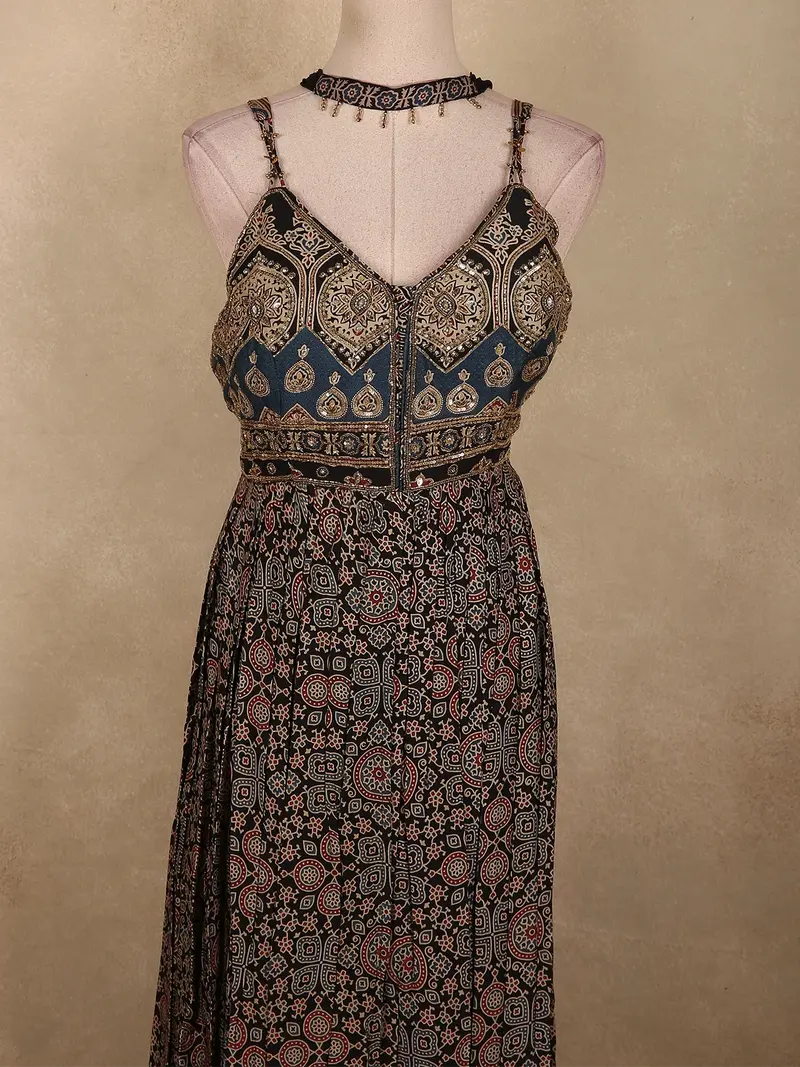 Indigo Black Ajrakh Printed Design Crepe Palazzo Suit With Dupatta 2