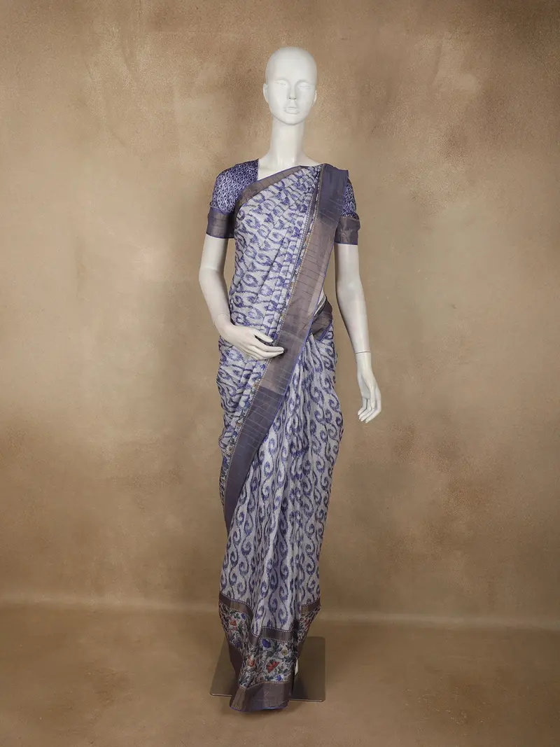 Indigo Blue Abstract Printed Design Semi Tussar Saree 1